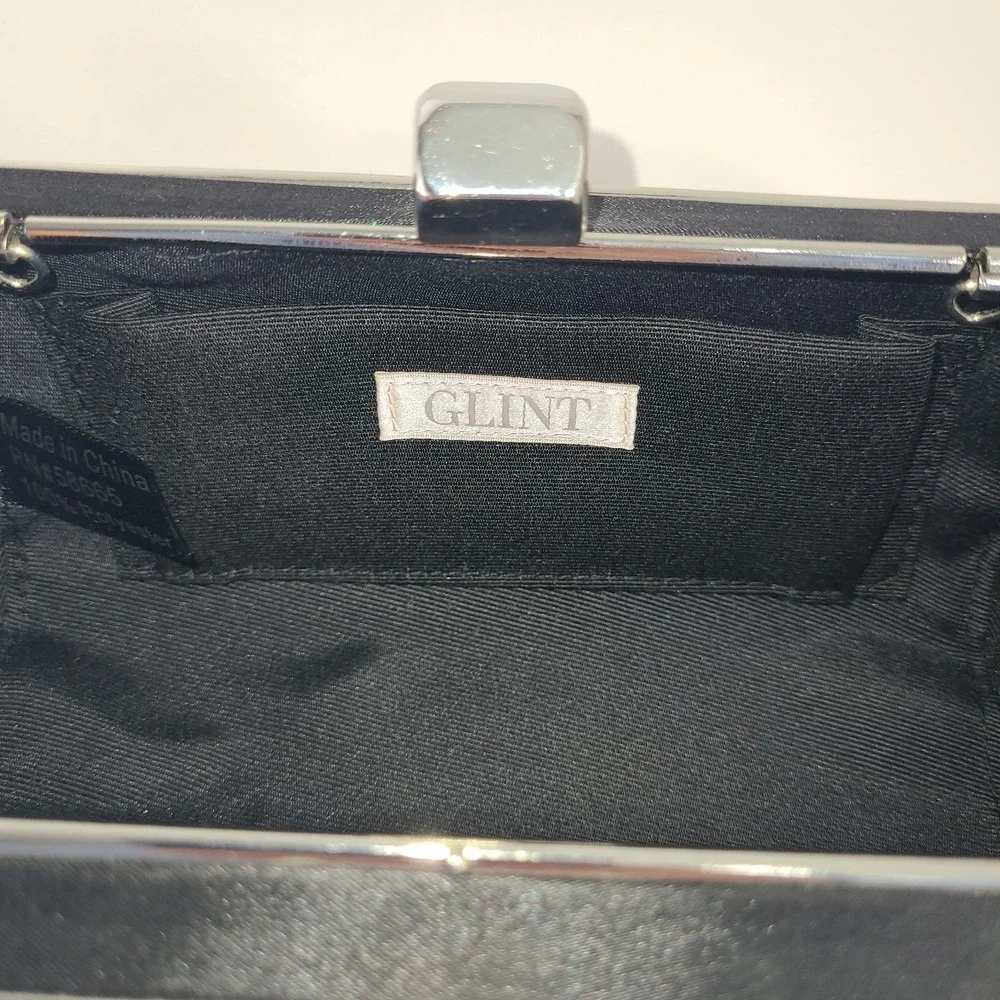 Glint Black Satin Clutch Silver Grid Frame Evening Bag Formal Wedding Goth